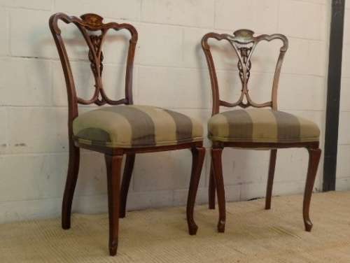 TWO AMAZING ANTIQUE EDWARDIAN ROSEWOOD CHAIRS w/ RAIL INLAY DETAILING AND CARVED BACKREST bid/chair
