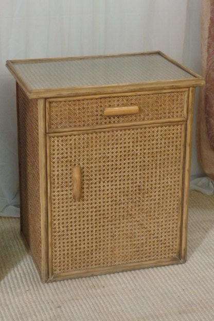 TWO STUNNING CANE AND WICKER BEDSIDE PEDESTALS WITH A DRAWER & CUPBOARD AND GLASS TOP bid/pedestal