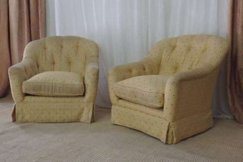 Wonderful and very comfy yellow upholstered "Tub" arm chairs - perfect living room relaxing chairs