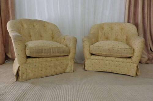 Wonderful and very comfy yellow upholstered "Tub" arm chairs - perfect living room relaxing chairs