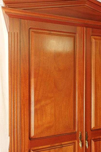 A SPECTACULAR TALL (2.2m) GRECIAN GABLED SOLID MAHOGANY WARDROBE WITH SOLID BRASS HANDLES