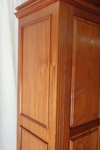 A SPECTACULAR TALL (2.2m) GRECIAN GABLED SOLID MAHOGANY WARDROBE WITH SOLID BRASS HANDLES