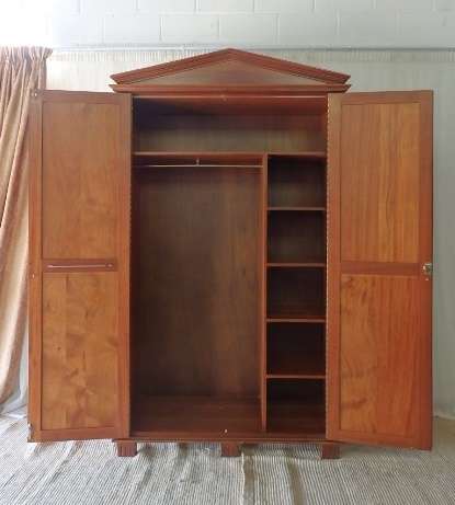 A SPECTACULAR TALL (2.2m) GRECIAN GABLED SOLID MAHOGANY WARDROBE WITH SOLID BRASS HANDLES