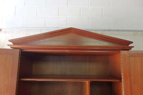 A SPECTACULAR TALL (2.2m) GRECIAN GABLED SOLID MAHOGANY WARDROBE WITH SOLID BRASS HANDLES