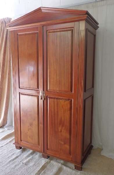 A SPECTACULAR TALL (2.2m) GRECIAN GABLED SOLID MAHOGANY WARDROBE WITH SOLID BRASS HANDLES
