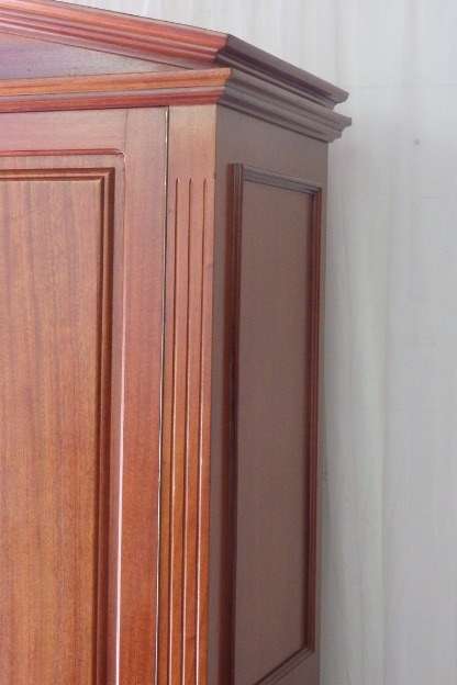 A SPECTACULAR TALL (2.2m) GRECIAN GABLED SOLID MAHOGANY WARDROBE WITH SOLID BRASS HANDLES