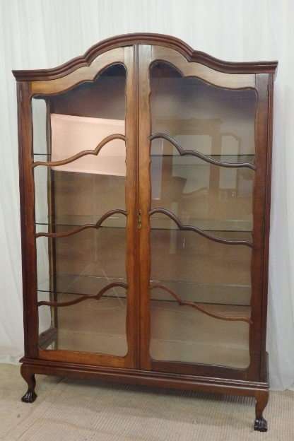 AN INCREDIBLE LARGE ANTIQUE GABLED "BALL & CLAW" SHOWCASE w GLASS SHELVES AND BEAUTIFUL DETAILING!!!