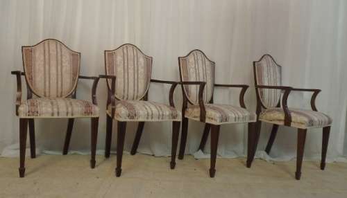 4x SUPERBLY UPHOLSTERED ANTIQUE ROSEWOOD SHIELD BACK ARMCHAIRS w/ ELEGANT SPADE-FOOT LEGS bid/chair