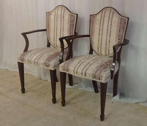 4x SUPERBLY UPHOLSTERED ANTIQUE ROSEWOOD SHIELD BACK ARMCHAIRS w/ ELEGANT SPADE-FOOT LEGS bid/chair