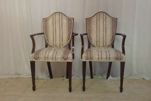 4x SUPERBLY UPHOLSTERED ANTIQUE ROSEWOOD SHIELD BACK ARMCHAIRS w/ ELEGANT SPADE-FOOT LEGS bid/chair