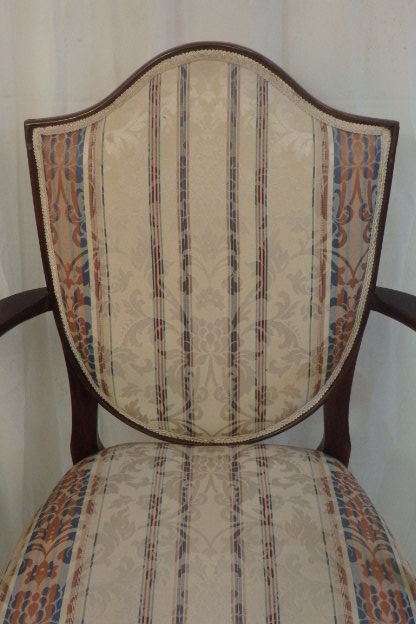 4x SUPERBLY UPHOLSTERED ANTIQUE ROSEWOOD SHIELD BACK ARMCHAIRS w/ ELEGANT SPADE-FOOT LEGS bid/chair