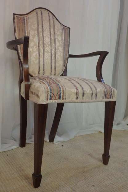 4x SUPERBLY UPHOLSTERED ANTIQUE ROSEWOOD SHIELD BACK ARMCHAIRS w/ ELEGANT SPADE-FOOT LEGS bid/chair