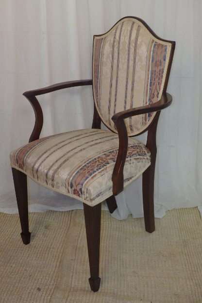4x SUPERBLY UPHOLSTERED ANTIQUE ROSEWOOD SHIELD BACK ARMCHAIRS w/ ELEGANT SPADE-FOOT LEGS bid/chair
