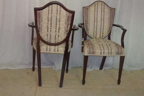 4x SUPERBLY UPHOLSTERED ANTIQUE ROSEWOOD SHIELD BACK ARMCHAIRS w/ ELEGANT SPADE-FOOT LEGS bid/chair