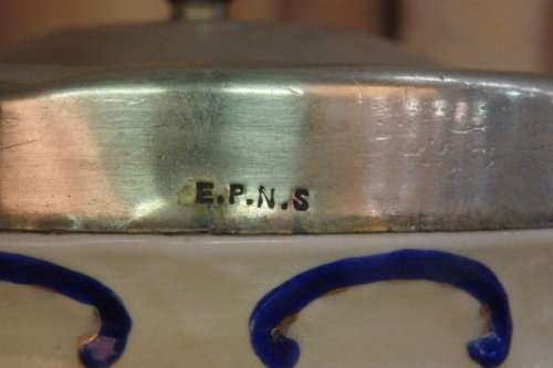 A SPECTACULAR ANTIQUE (1891 - 1913) S. FIELDING & Co. CROWN DEVON PORCELAIN JAR w/ EPNS LID & HANDLE