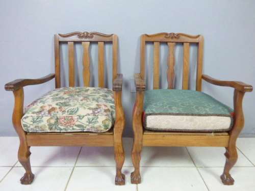 2 LOVELY, COMFORTABLE VINTAGE BALL & CLAW OAK ARM CHAIRS, FABULOUS AS OCCASIONAL CHAIRS! bid/chair