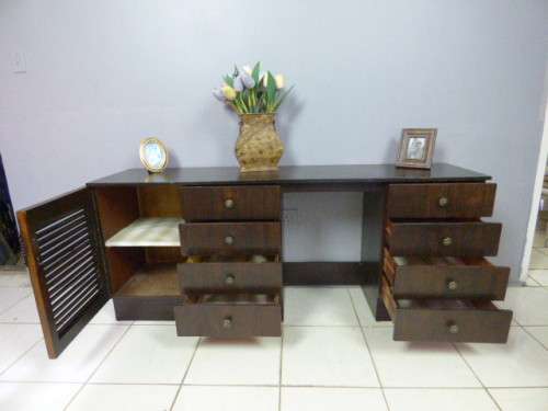 A LOVELY WOOD DRESSING TABLE w 8 DRAWERS & CUPBOARD. PERFECT TO PAINT!!