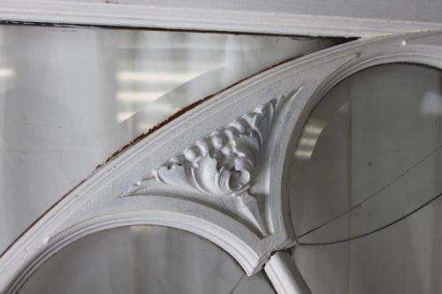 A RARE AND MAGNIFICENT ANTIQUE BEVELED GLASS "PEACOCK" DOUBLE DOOR ARCH TRANSOM WINDOW