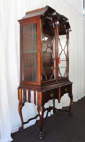 A MAGNIFICENT ANTIQUE "DOUBLE GABLED" BALL AND CLAW CABINET ON A STAND WITH SUPERB DETAILING