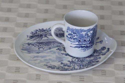 AN INCREDIBLE AND RARE ENOCH WEDGWOOD BLUE AND WHITE TRANSFER PRINT SANDWICH PLATE AND CUP SET