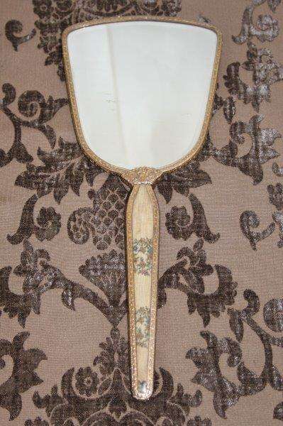 THREE AWESOME VINTAGE/ ANTIQUE? VANITY TABLE (2x) HAND MIRRORS AND A BRUSH SET bid/item