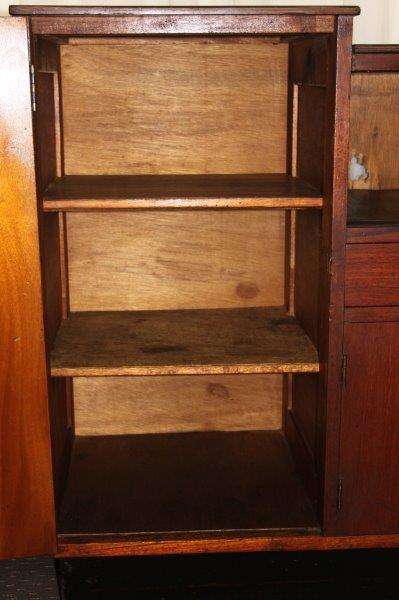 AN AMAZING ANTIQUE ART DECO SIDE SERVER WITH LOADS OF CUPBOARD SPACE AND A TIERED SERVING SURFACE