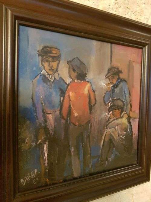 AN EXQUISITE ORIGINAL FRAMED KENNETH BAKER (1921 - 1996) OIL ON BOARD PAINTING TITLED "SMOKE BREAK"