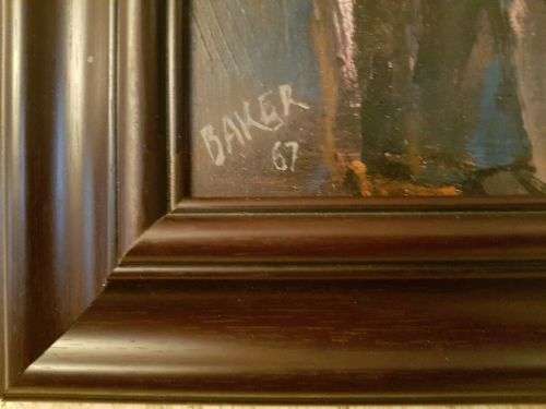 AN EXQUISITE ORIGINAL FRAMED KENNETH BAKER (1921 - 1996) OIL ON BOARD PAINTING TITLED "SMOKE BREAK"