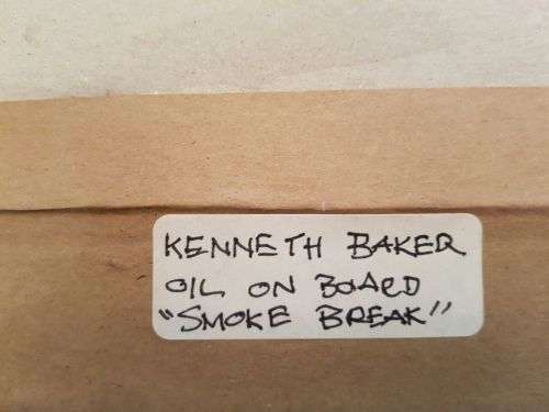 AN EXQUISITE ORIGINAL FRAMED KENNETH BAKER (1921 - 1996) OIL ON BOARD PAINTING TITLED "SMOKE BREAK"