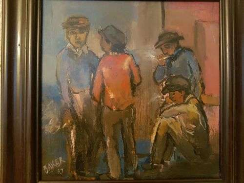 AN EXQUISITE ORIGINAL FRAMED KENNETH BAKER (1921 - 1996) OIL ON BOARD PAINTING TITLED "SMOKE BREAK"