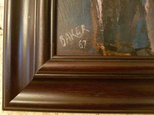 AN EXQUISITE ORIGINAL FRAMED KENNETH BAKER (1921 - 1996) OIL ON BOARD PAINTING TITLED "SMOKE BREAK"