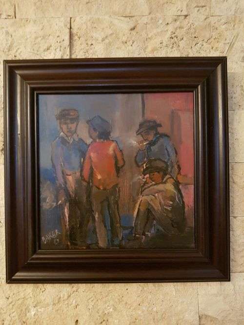 AN EXQUISITE ORIGINAL FRAMED KENNETH BAKER (1921 - 1996) OIL ON BOARD PAINTING TITLED "SMOKE BREAK"