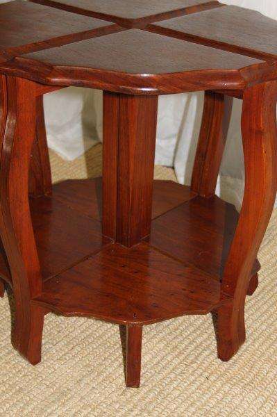 AN AWESOME SOLID TEAK COFFEE TABLE NEST WITH FOUR SMALLER TABLES MAKING A SINGLE LARGER ROUND TABLE