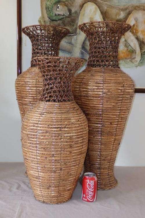 3x SPECTACULAR LARGE WICKER URN SHAPED VASES w/ STEEL REINFORCED FRAMES IN GREAT CONDITION bid/vase