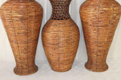 3x SPECTACULAR LARGE WICKER URN SHAPED VASES w/ STEEL REINFORCED FRAMES IN GREAT CONDITION bid/vase