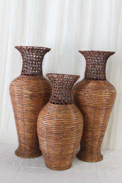 3x SPECTACULAR LARGE WICKER URN SHAPED VASES w/ STEEL REINFORCED FRAMES IN GREAT CONDITION bid/vase