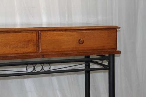 AN AWESOME AND BEAUTIFULLY MADE DOUBLE DRAWER INDONESIAN TEAK HALLWAY TABLE WITH METAL LEGS
