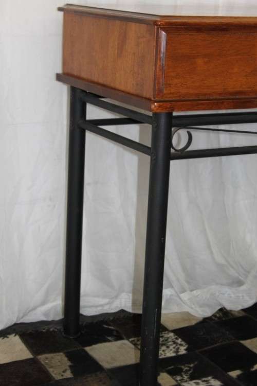 AN AWESOME AND BEAUTIFULLY MADE DOUBLE DRAWER INDONESIAN TEAK HALLWAY TABLE WITH METAL LEGS