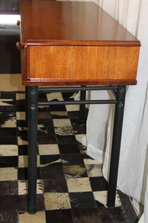 AN AWESOME AND BEAUTIFULLY MADE DOUBLE DRAWER INDONESIAN TEAK HALLWAY TABLE WITH METAL LEGS