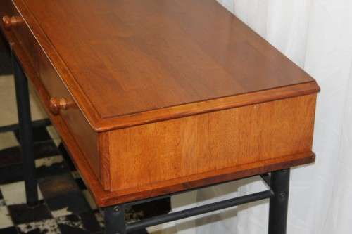 AN AWESOME AND BEAUTIFULLY MADE DOUBLE DRAWER INDONESIAN TEAK HALLWAY TABLE WITH METAL LEGS