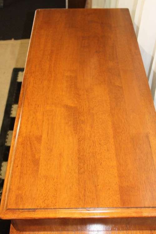 AN AWESOME AND BEAUTIFULLY MADE DOUBLE DRAWER INDONESIAN TEAK HALLWAY TABLE WITH METAL LEGS