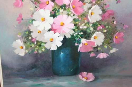 AN ORIGINAL SIGNED "JANE DE VILLIERS" OIL ON CANVAS COSMOS PAINTING IN A MAGNIFICENT BROAD FRAME