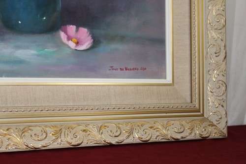 AN ORIGINAL SIGNED "JANE DE VILLIERS" OIL ON CANVAS COSMOS PAINTING IN A MAGNIFICENT BROAD FRAME