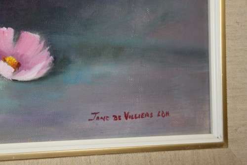 AN ORIGINAL SIGNED "JANE DE VILLIERS" OIL ON CANVAS COSMOS PAINTING IN A MAGNIFICENT BROAD FRAME