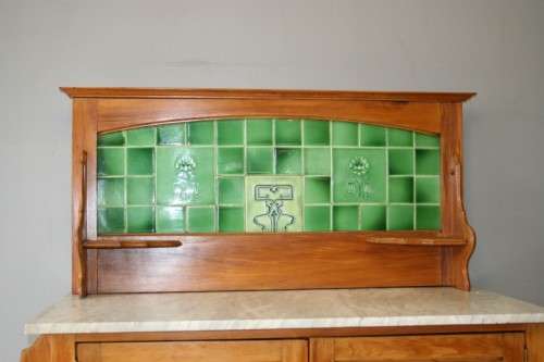 A SPECTACULAR ANTIQUE OREGON PINE WASH STAND WITH A WHITE MARBLE TOP AND TILED SPLASH BACK!