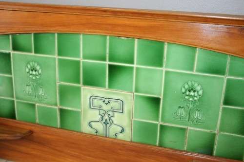 A SPECTACULAR ANTIQUE OREGON PINE WASH STAND WITH A WHITE MARBLE TOP AND TILED SPLASH BACK!