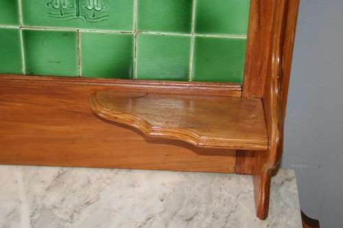 A SPECTACULAR ANTIQUE OREGON PINE WASH STAND WITH A WHITE MARBLE TOP AND TILED SPLASH BACK!