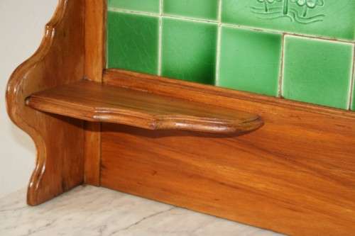 A SPECTACULAR ANTIQUE OREGON PINE WASH STAND WITH A WHITE MARBLE TOP AND TILED SPLASH BACK!
