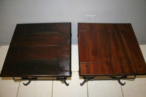TWO FANTASTIC AND VERY WELL MADE WROUGHT IRON AND INDONESIAN TEAK COFFEE TABLE bid/table