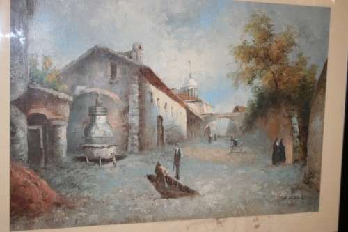 A BEAUTIFUL (LARGE) FRAMED ORIGINAL SIGNED A. WILSON OIL ON CANVAS PAINTING OF A VILLAGE SCENE